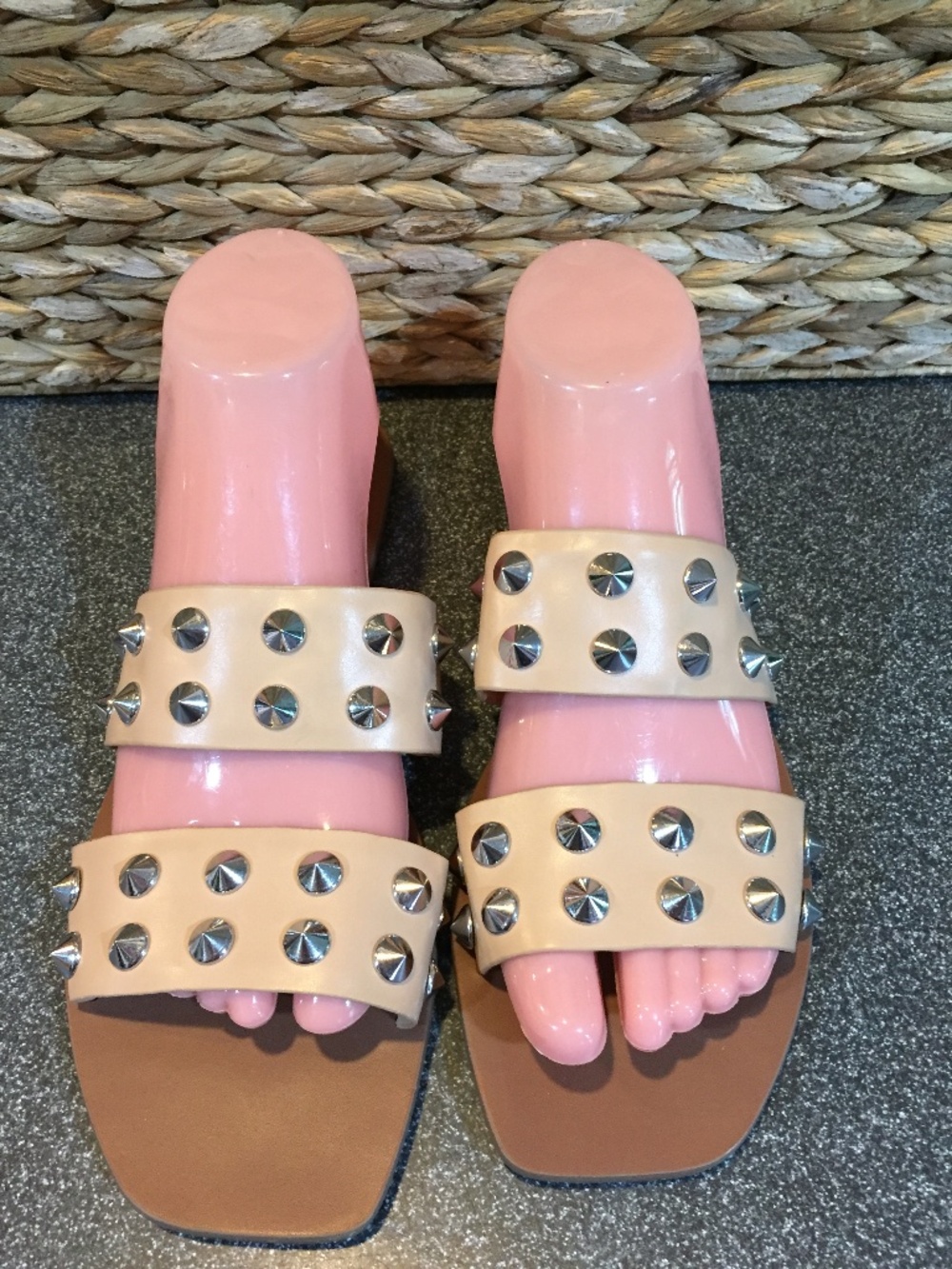 Nine West Tan Studded Double-Strap Slide Sandals